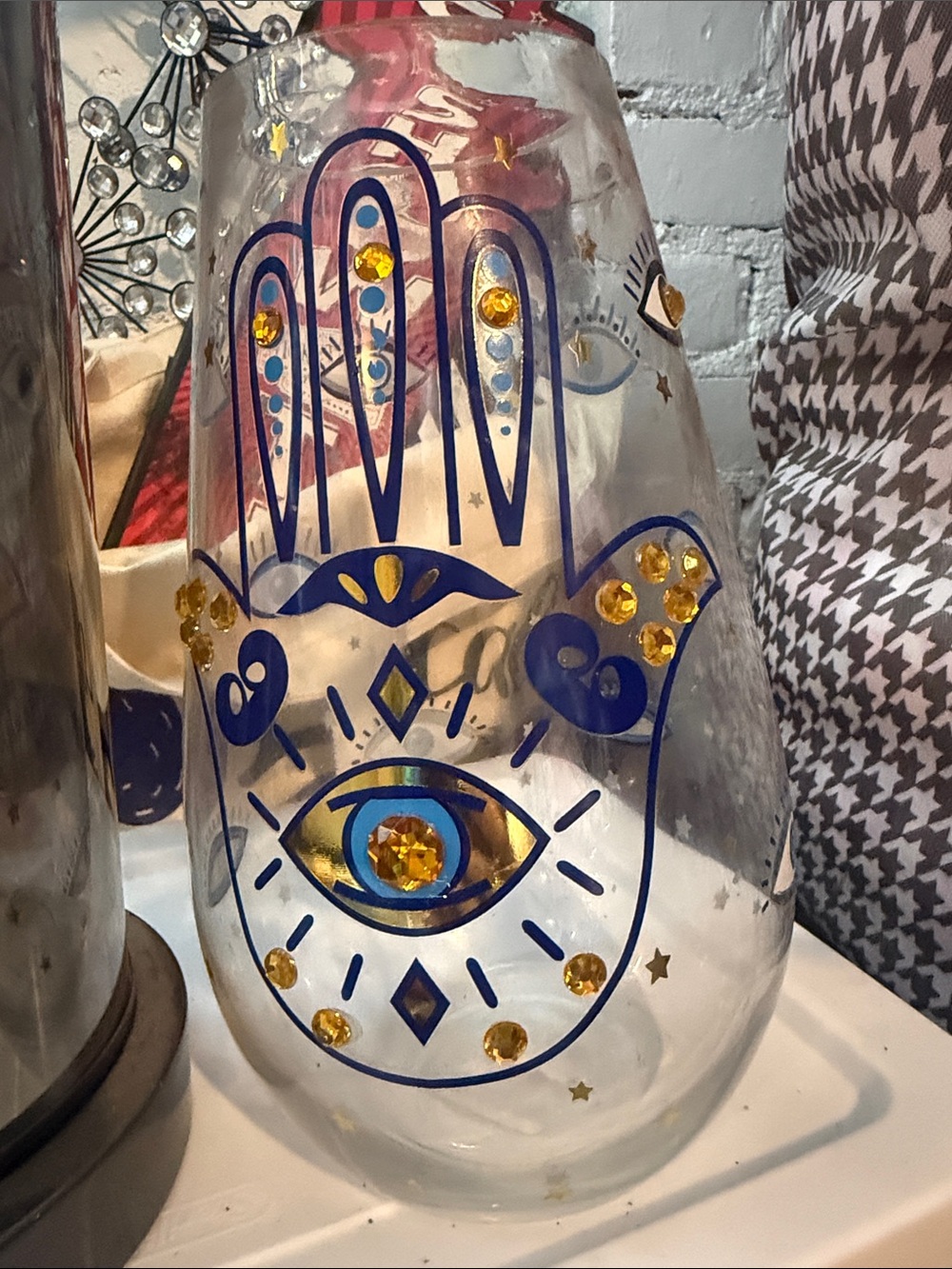 Source Unknown Blue and Gold Hamsa Glass Vase